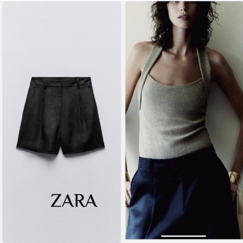 ZARA Black Pleated Linen Blend High‎ Waisted Shorts Size S